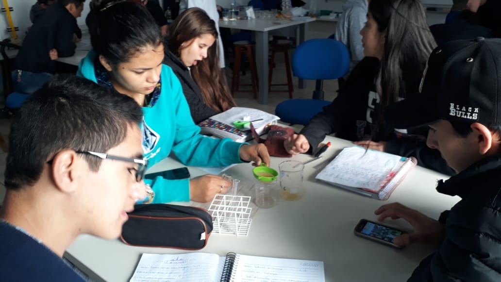Alunos da 1ª Série, do Colégio Est. de Ed. Profissional Arlindo Ribeiro (Agrícola), em aula laboratorial sobre a estrutura e função dos ácidos nucléicos.