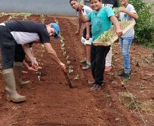 Alunos ajudando no plantio.