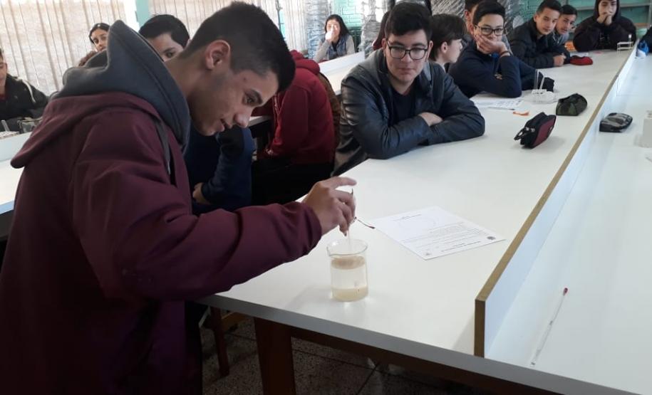 Alunos da 2ª Série, do Colégio Estadual Cristo Rei preparam cultura de leveduras e para observação ao microscópio óptico.