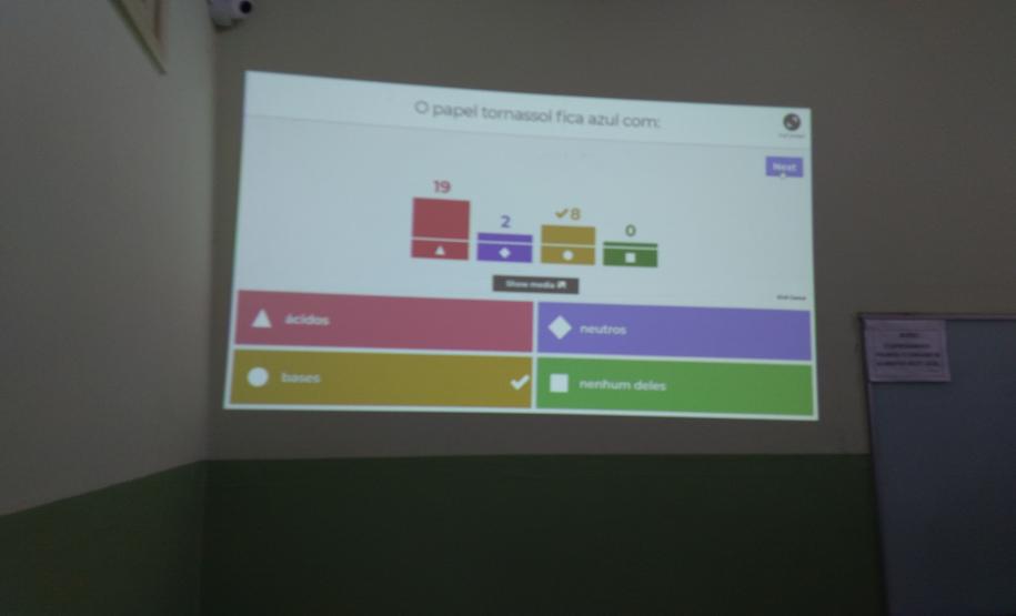 Alunos do 1ª Série, do curso Técnico em Química, retomam conteúdo de ácidos e bases, usando o aplicativo Kahoot.