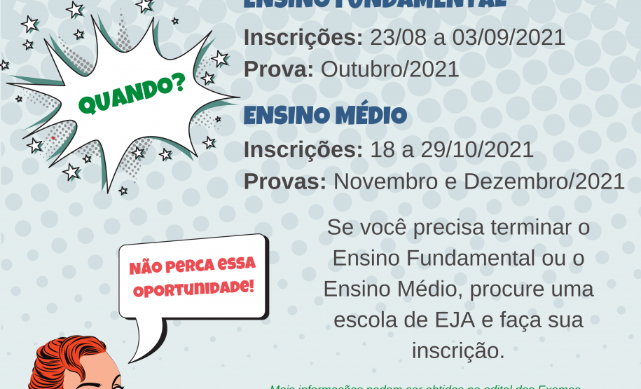 EJA abre inscrições para exames de conclusão de disciplinas e semestres